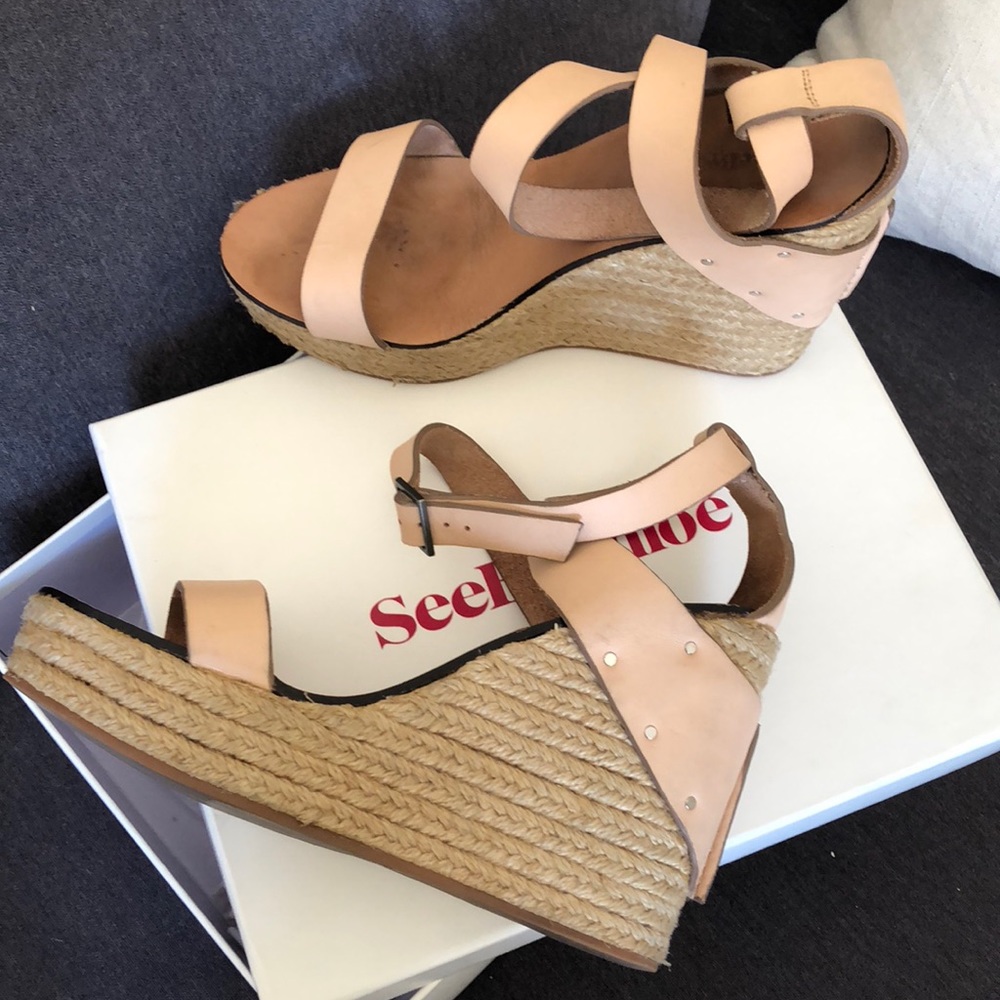 See by Chloe Leather & Jute Cream Platform Sandals
